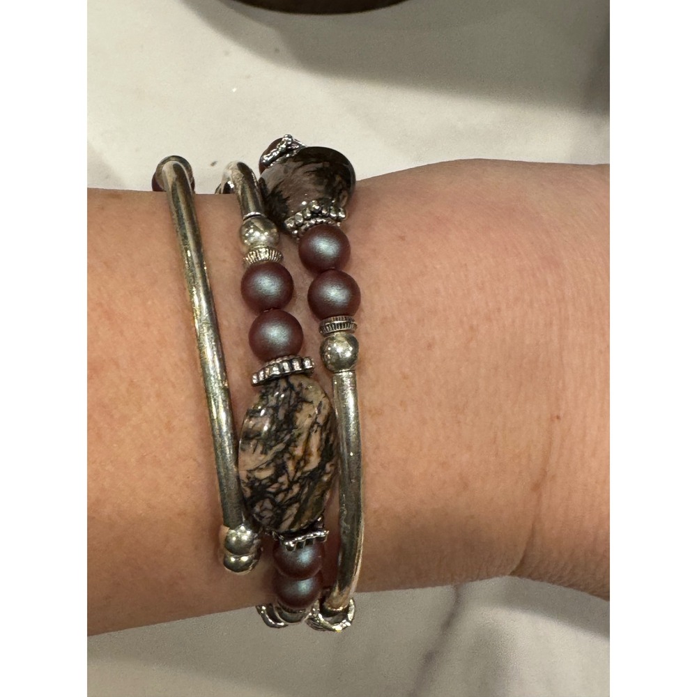 Boho Silver Tone Wrap Bracelet with Jasper Stones and Purple Beads